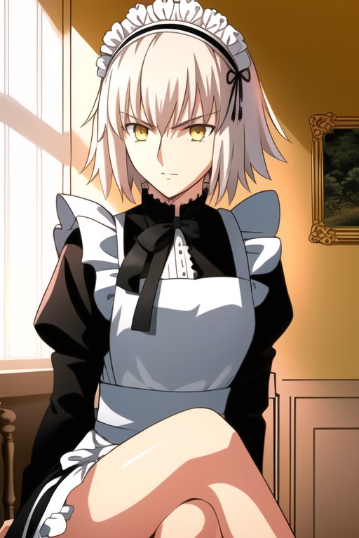 (((sitting, crossed legs))), ((jeanne d'arc alter \(fate\))), ((maid, maid apron, maid headdress)), best quality, looking ...